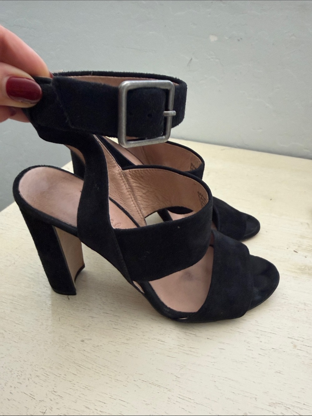 Madewell Black Suede Block Heel Ankle-Strap Sandals
